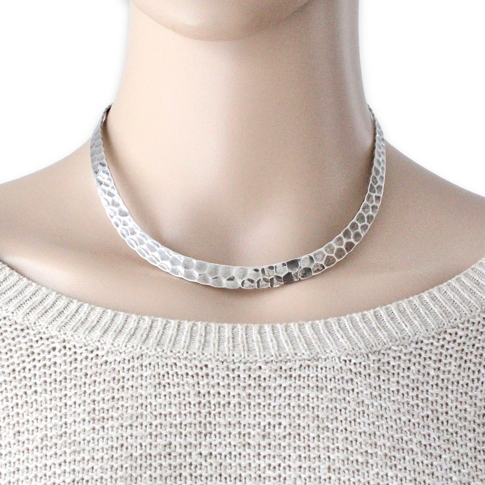 Vintage Sterling Silver Collar Necklace Wide Choker with Hammered Texture